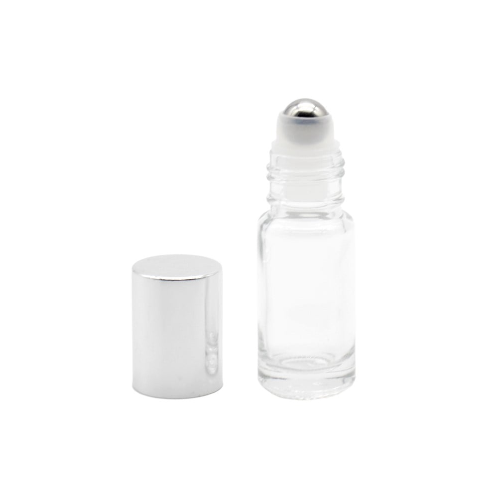 5 Ml Klar Glasflaske med Rullehoved og Sølv Låg