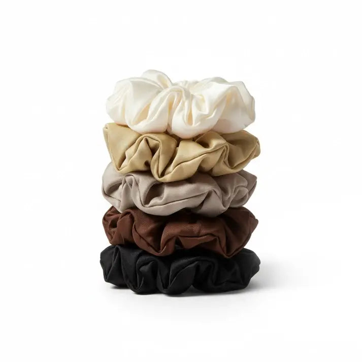 5 Pak Soft Satin Scrunchies   Medium   Coffee